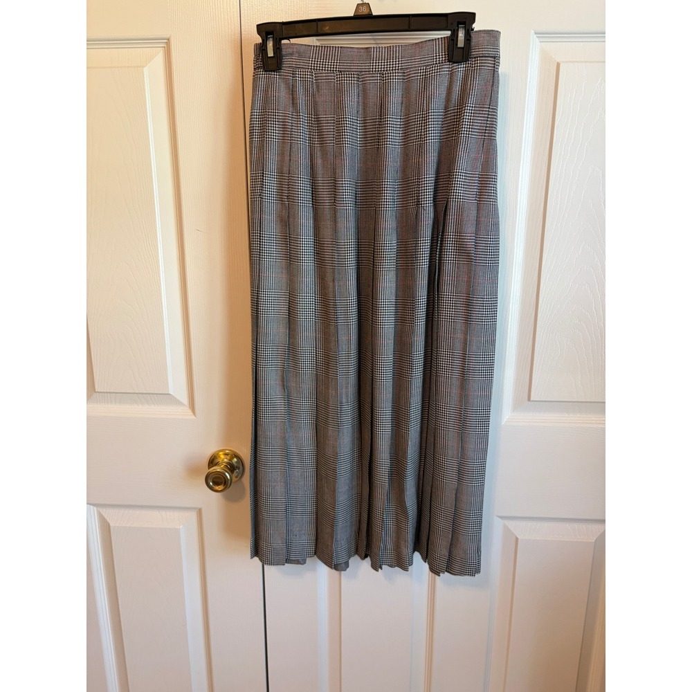 Vintage Worthington Glen Plaid Pleated Midi Skirt Grey Red Size 8 Misses